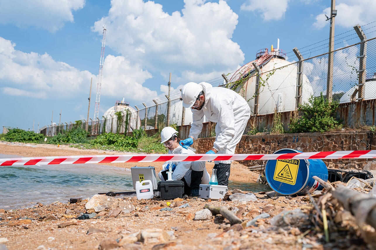 Scientists experts analyze the water in a contamin